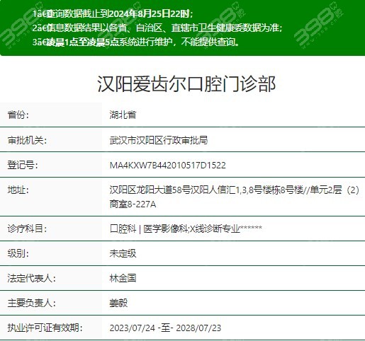武汉汉阳爱齿尔口腔资质